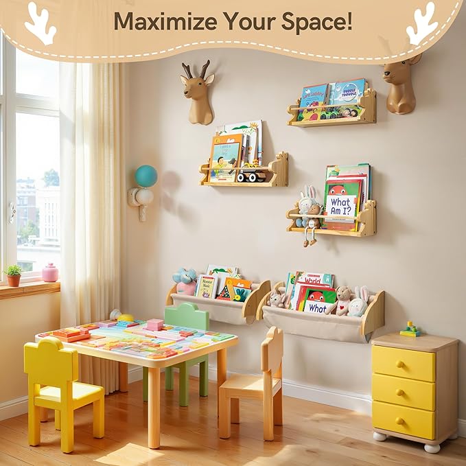 Gronda Cute Nursery Floating Shelves, Natural Solid Pine Wood Kids Bookshelves Wall Mount Storage Organizer Rustic Boho Decor for Kids Room Playroom Study Room Living Room Bedroom