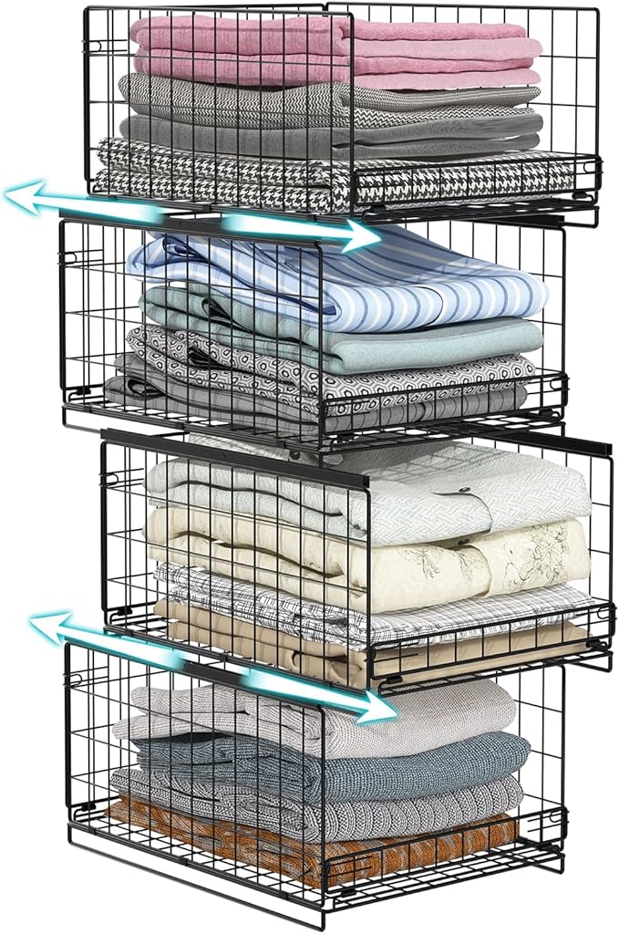 4-tier Sliding Closet Organizers and Drawer Storage Shelves, Stackable Bins for Jean Pants Sweaters, Metal Drawer Slid Clothes Storage Container, Closet Organizers for Clothes-Black