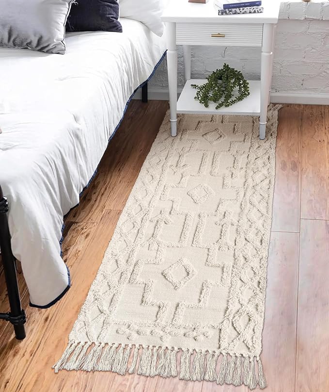 Uphome Boho Hallway Runner Rug 2'x 6', Beige Cotton Washable Kitchen Rug Runners with Tassels, Hand Woven Western Entryway Runner Rugs, Morrocan Accent Throw Carpet for Hallways Bedroom Bathroom