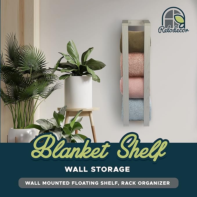 RELODECOR Blanket Wall Rack – Floating Shelf for Living Room & Bedroom, Rustic Wall-Mounted Blanket Holder, Bedding & Towel Organizer, Space-Saving, Stylish White Design