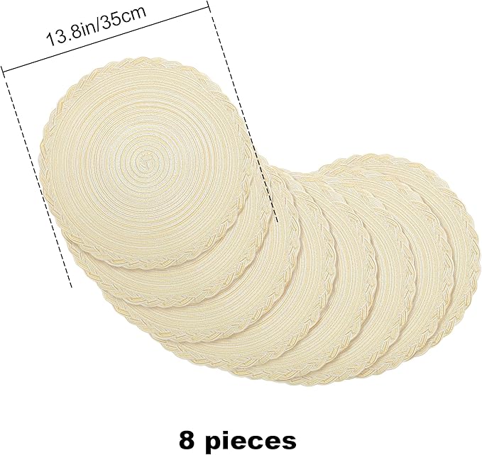 fanquare 15 Inch Beige Braided Placemats Value Set of 8 Round Cotton Placemat with Lace Edge, Perfect for Parties and Everyday Use Fabric Table Mats