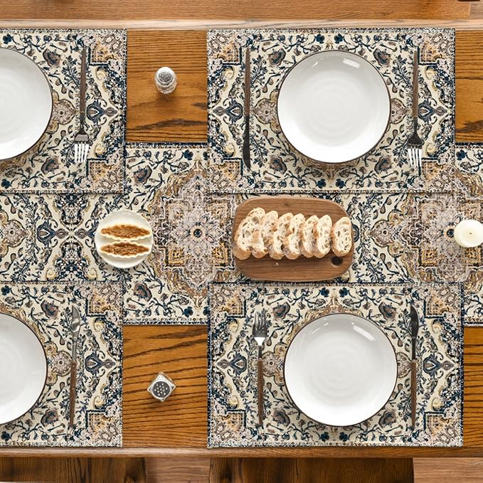 Artoid Mode Boho Placemats Set of 4, Daily Blue Teal Flowes Bohemia Table Mats for Home Party Dining Decoration 12x18 Inch