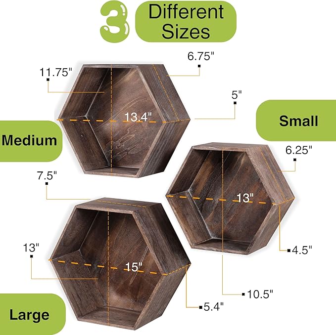 Rustic State Brooks Hexagon Decorative Floating Shelves with Wooden Back - Large, Medium, Small Honeycomb Geometric Box Design Display Bookshelf Picture Ledge - Distressed Walnut - Set of 3