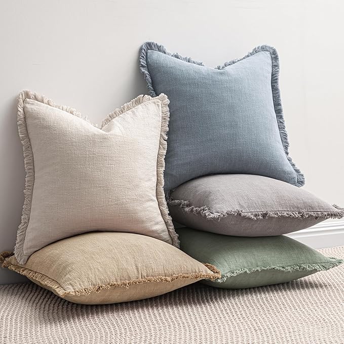 MIULEE Decorative Throw Pillow Covers Neutral Linen Fringe Throw Pillows Set of 2 Light Blue Boho Farmhouse Cushion Covers with Tassels for Couch Sofa Bed Living Room Spring Home Decor 20x20 Inch
