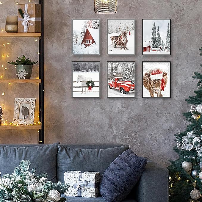 Quzenu Christmas Wall Art Elk Horse Bull Christmas Wall Decor Canvas Prints For Living Room Decor Scandinavian Natural Posters Reindeer Pine Forest Farmhouse Wall Decor