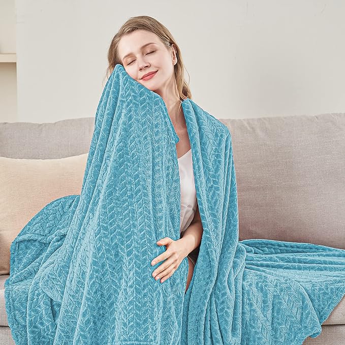 inhand Blue Fleece Queen Blanket for Bed, Super Soft Flannel Cozy Blankets for Adults, Lightweight Leaves Pattern Fuzzy Blanket for Office,Travel, Warm Plush Blankets for All Season, 90x90 Inches