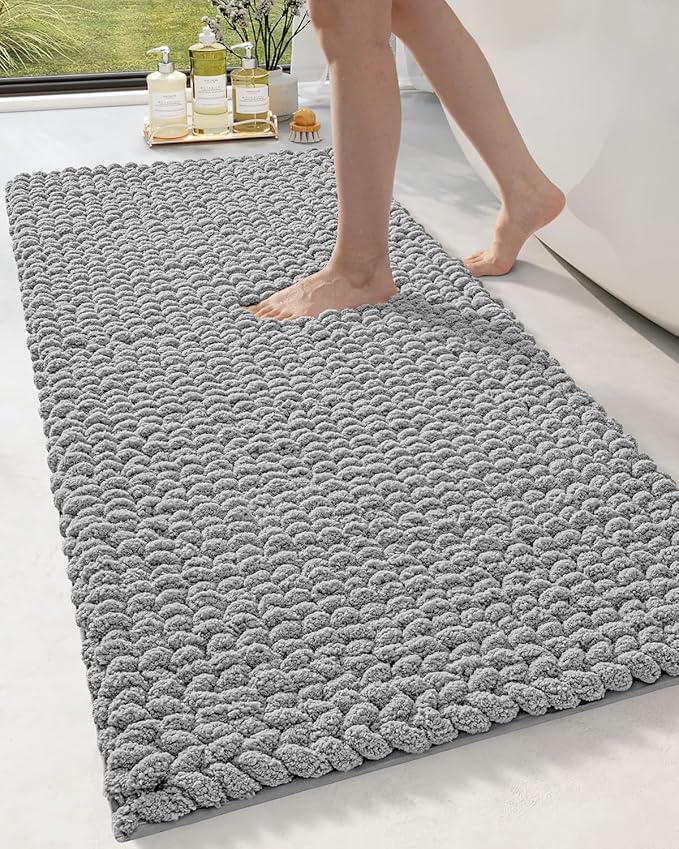 DEXI Bathroom Rugs 24x60, Non Slip Washable Bath Mat, Luxury Chenille Super Absorbent Thick Bathmats for Shower Floor, Plush Fluffy Shaggy Carpet for Tub, Light Grey