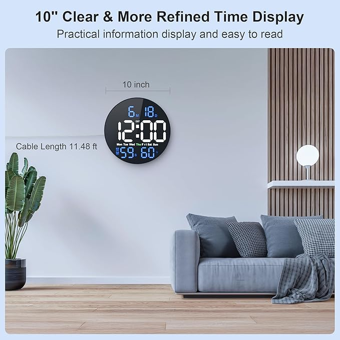 Digital Wall Clock, 10 in Wall Clock with Large LED Display Seconds Display One Button DST Muteable Button Auto Brightness, Large Digital Wall Clock for Living Room, Classroom, Bedroom, Office