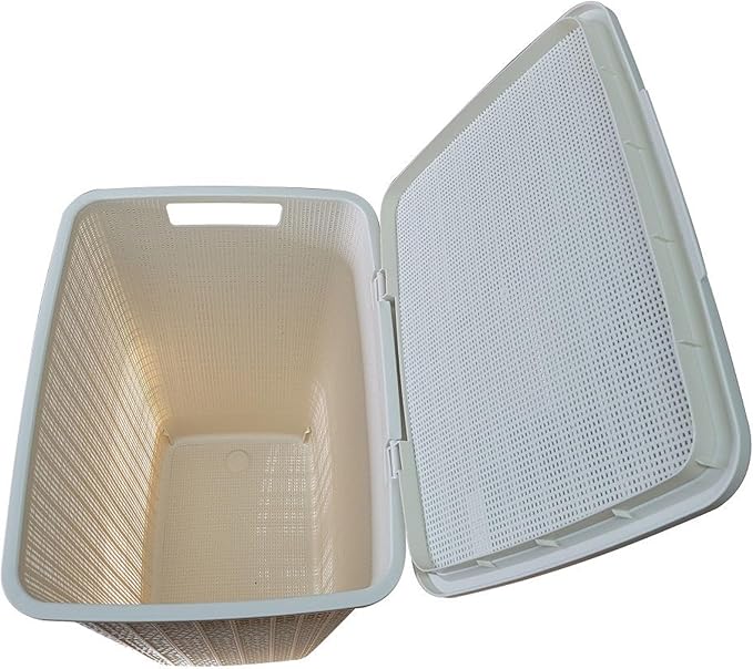 YBM Home Plastic Rattan Laundry Hamper Basket with Hinged Lid, Ventilation Holes, Durable, Lightweight Bin With Cutout Handles, Storage Dirty Clothes, Space Saver, 16.75" x 13.5" x 23.75",Beige,6-Pack
