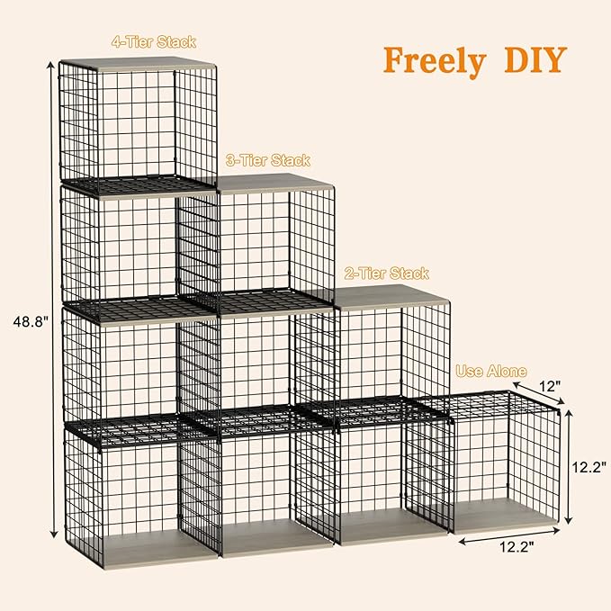 4-Tier Stackable Closet Organizers and Storage Basket, Shelves with Wood Top, Foldable Clothes Storage Bin/Cube Drawer Organizer for Wardrobe, Space-Saving, Closet Organization,Black(Patent Pending) ๏ปฟ