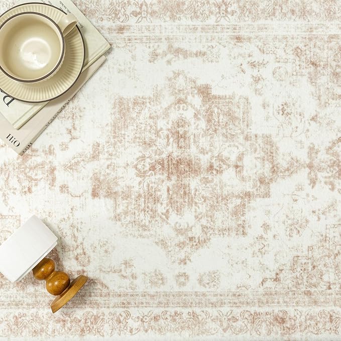 Washable Rug 6x9 Area Rug for Living Room Beige Vintage Boho Medallion Large Distressed Retro Carpet Non Slip Indoor Low Pile Small Soft Bedroom Dining Room Home Office