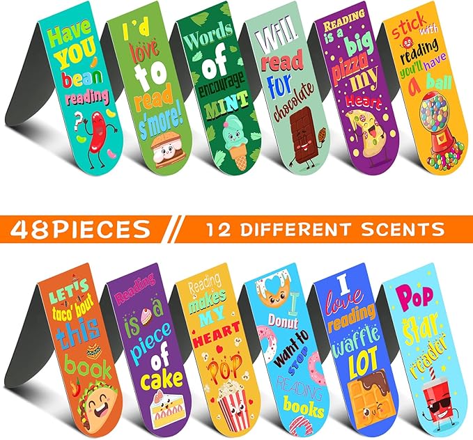48 Pack Scented Bookmarks Magnetic Scratch and Sniff Fruit Food Bookmarks for Kids Cute Page Markers with Sayings for Kids Students Teens Teachers(Food Flavor)