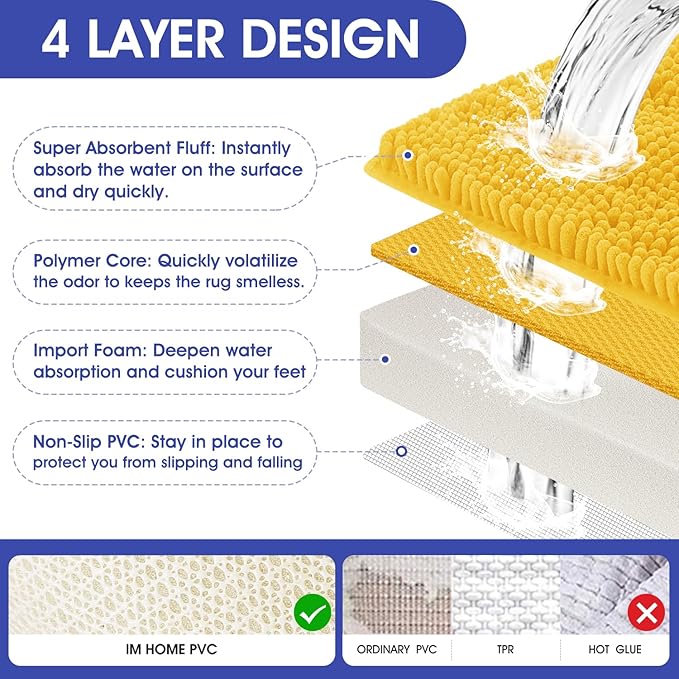 ACCUMTEK Striped Yellow Bathroom Rug Set 3 Pieces Ultra Soft, Non Slip Chenille Toilet Mat, Absorbent Plush Shaggy Bath Mats for Bathroom, Bedroom, Kitchen