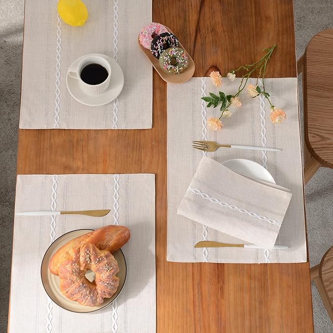 Wracra Cotton Linen Placemats, 12 x 18 Inch Set of 4 Fete Placemats Rustic Hemstitch Place Mats for Kitchen Table and Heat Resistant-Ivory