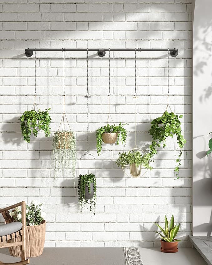 Plant Hanger Indoor, Hanging Planters Rod for Indoor Plants with 6 Hanging Chains, Wall Plant Hanging Rod for Window Ceiling, 65.7 Inch, Metal/Black, Pots Not Included
