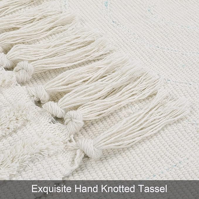 LEEVAN Boho Runner Rug Washable 2'x5' Woven Beige Cotton Farmhouse Kitchen Rugs with Tassels Bohemian Rainbow Hallway Accent Rug for Bedroom/Bathroom/Laundry or Living Room