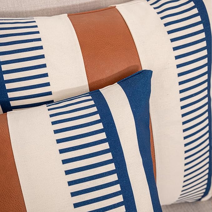 Farmhouse Stripe Pillow Cover 18x18 Boho Accent Cushion Case Faux Leather Decorative Pillowcase,Navy Blue and Beige (Cover ONLY, Pack of 2)