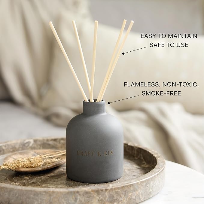 Craft & Kin Reed Diffuser Set - Santal Woods, Reed Diffusers for Home with Fragrance Sticks - The Earthenware Collection, 6.7oz Alcohol-Free, Essential Oils