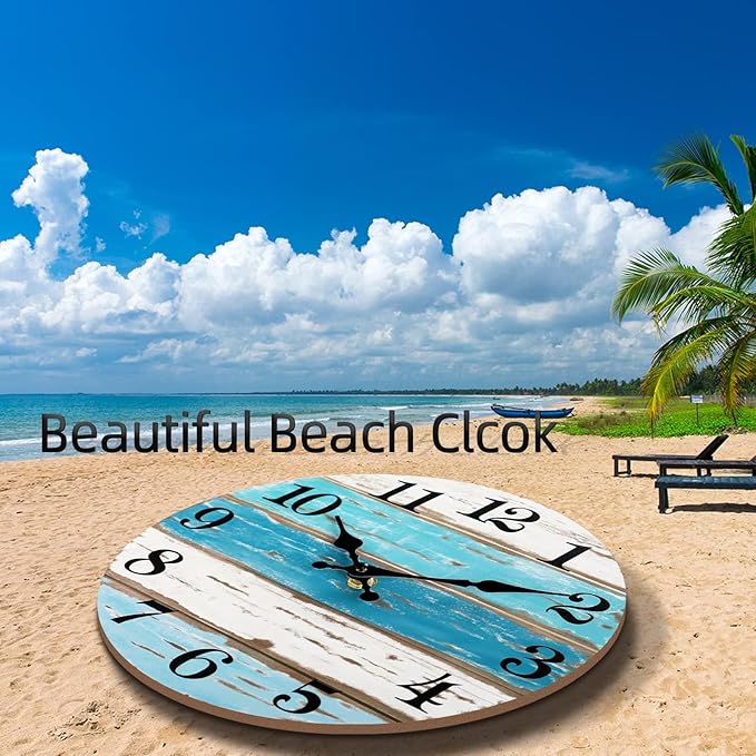 Beach Themed Blue Wall Clocks Battery Operated Silent Non-Ticking, Vintage Round Rustic Coastal Nautical Clock Decorative for Home Kitchen Living Room Office Bathroom Bedroom(10 Inch)