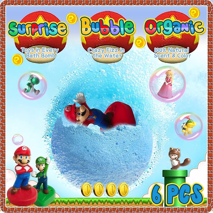 Bath Bombs for Kids: Mario Bath Bombs with Surprise Inside, Easter Bath Rich in Natural Essential Oils, Kids BathBombs Gift Set for Dry Skin Moisturize, Gifts for Toddlers (8 Pcs)