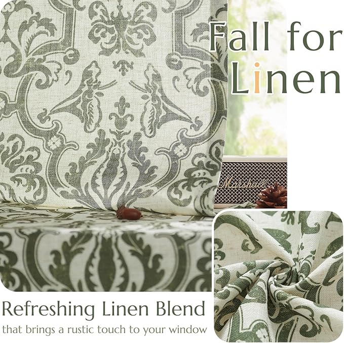 jinchan Linen Curtains for Bedroom & Living Room - Moss Green Damask Patterned Curtains, 84 Inches Long, Light Filtering, Vintage Baroque Style Drapes with Grommet Window Treatments - 2 Panels Set