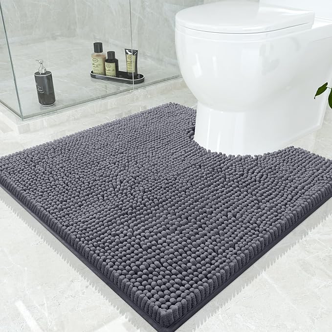 Smiry Luxury Chenille Toilet Rugs U-Shaped 24x24, Soft Absorbent Non-Slip Contour Bathroom Rugs for Toilet, Machine Washable Contoured Bath Mats, Charcoal Grey
