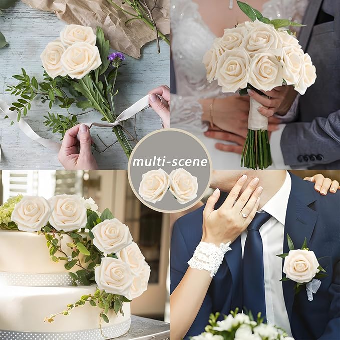200PCS Artificial Flowers Champagne Roses Real Looking Foam Fake Roses with Leaves and for DIY Wedding Bouquets Bridal Shower Centerpieces Party Decorations (Champagne, 200)