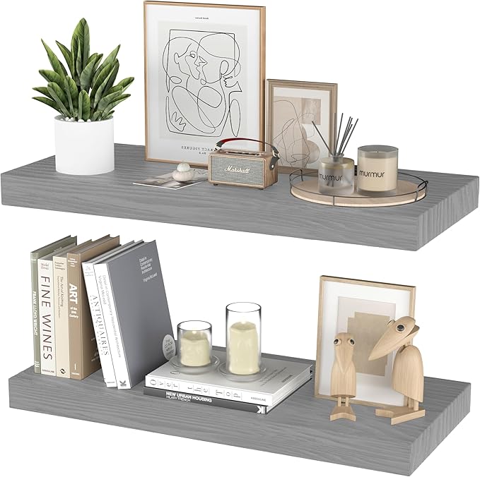 Floating Shelves for Wall- 17 Inch Natural Wood Shelves for Bathroom, Bedroom, Kitchen Decor, Farmhouse Decor Set of 2, Grey