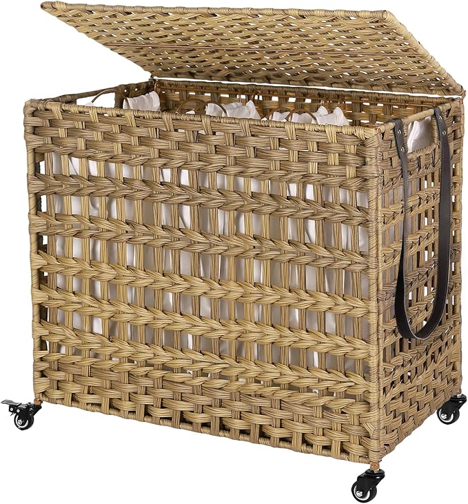 SONGMICS Laundry Hamper with Lid, 140L Synthetic Rattan Laundry Basket with Wheels, Clothes Hamper with 3 Removable Liner Bags, 3-Section Hampers with Handles, Laundry Room, Natural ULCB083N01
