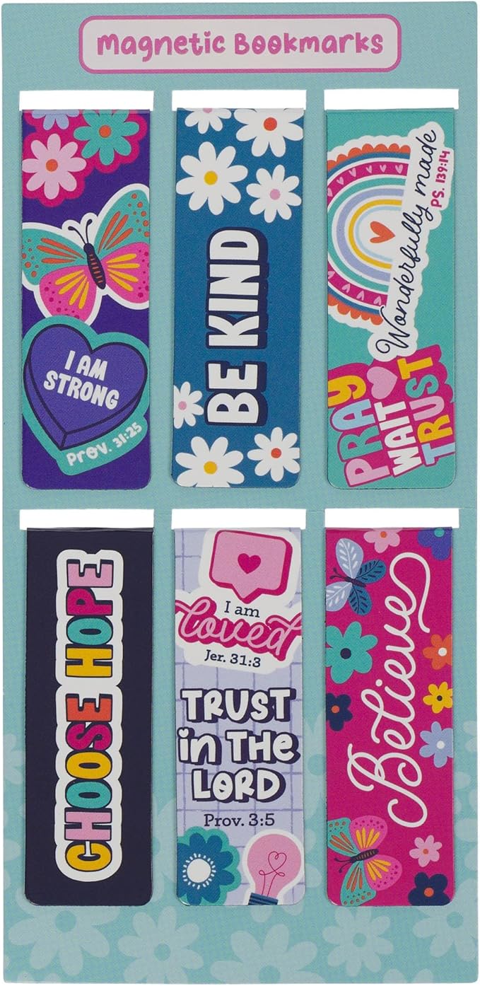 Christian Art Gifts Magnetic Inspirational Scripture Bookmark Set for Girls: Encouraging Bible Verses, Multicolor Pink & Teal Floral Rainbow Theme Pagemarkers for Books, Bibles, Fridges, 6 Piece Set