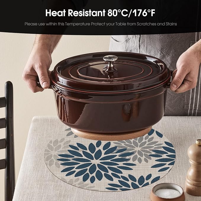 Artoid Mode Navy Dahlia Plastic Round Placemats Set of 4, 14 Inch Seasonal Wipeable Woven Vinyl Table Mats for Farmhouse Party Kitchen Dining Decor