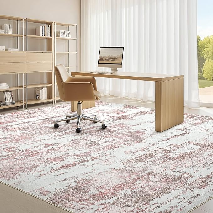 Area Rugs for Living Room: 8x10 Abstract Washable Rug Modern Neutral Large Soft Stain Resistant Non-Slip Backing Machine Table for Bedroom Dining Room Indoor Home Office Carpet - Pink