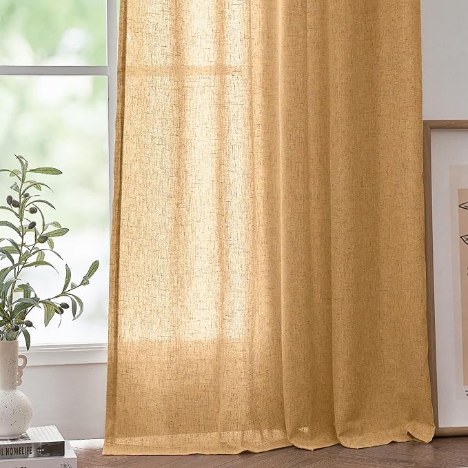 jinchan Linen Blend Curtains 63 inch Length 2 Panels for Bedroom Living Room, Semi Sheer 50 inch Wide Farmhouse Cottage Core Style Drapes with Rod Pocket Back Tab(50W x 63L, Mustard Yellow)