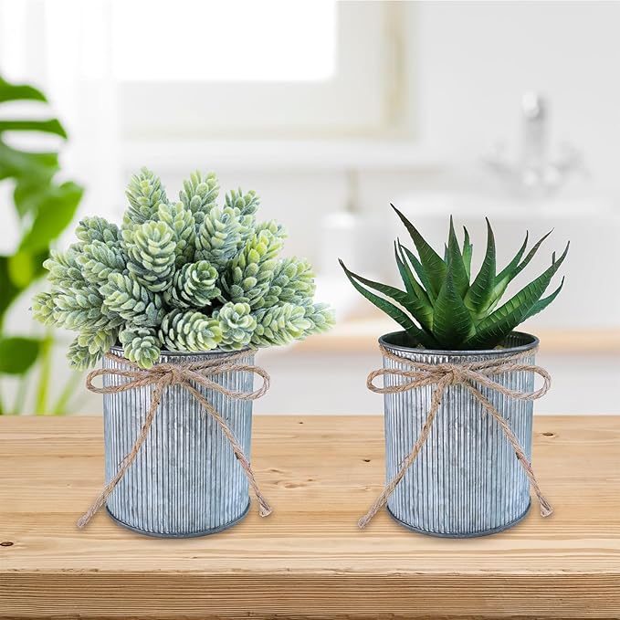 Winlyn Set of 3 Small Artificial Succulent Potted Plants Faux Aloe Hops Hanging Succulent in Rustic Galvanized Metal Pots Fake Plant Decor for Farmhouse Home Office Wedding Windowsill Table Shelf