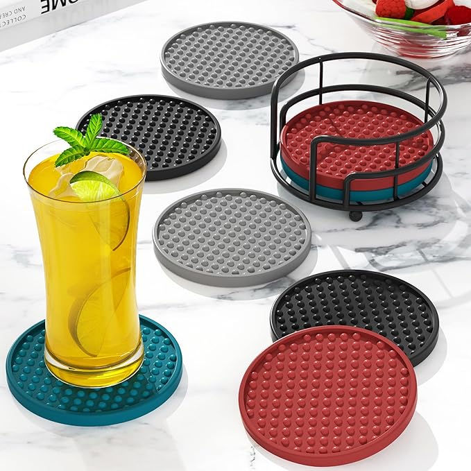 HFHOME Silicone Coasters Set with Holder, 6 Pack for Coffee Table, Bar Coasters for Home Decor Tabletop Protection - Blue