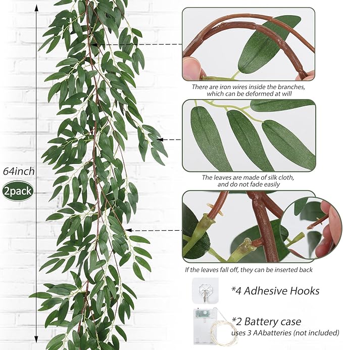RECUTMS Artificial Hanging Willow Leaves Vine Twigs with Light 2Pc 5.7Ft Fake Silk Green Leaves Ivy Garland Faux Greenery Decoration for Indoor Outdoor Home Wedding Jungle Birthday Party Garden Table