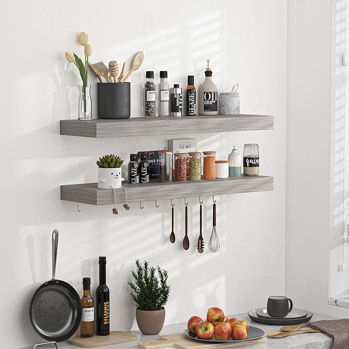 Floating Shelves - 24 Inch Rustic Wooden Wall Shelves - Extra Deeper & Thicker Wall Mounted Storage Shelf for Living Room, Kitchen, Farmhouse - 24" W x 9" D x 1.6" H - Rustic Grey, 2 Pack