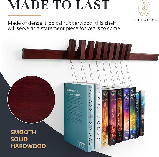 Floating Wall Bookshelf - Wall Mounted Book Organizer with Included Bookmarks - Hardwood Hanging Bookshelf for Bedroom, Living Room, or Kitchen - A Thoughtful Gift for Book Lovers (Dark)