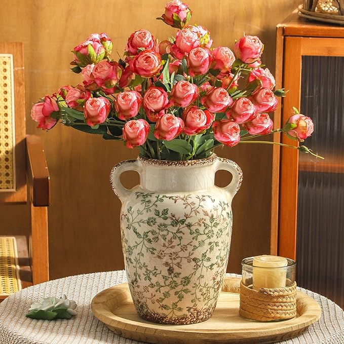 Enra Farmhouse Vintage vase with Handle,9.4 in Ceramic Chinoiserie Floral Vase,Green and Beige Decorative Flower vase,Large Rustic Vases for Home Decors, Living Room, Bookshelf, Office