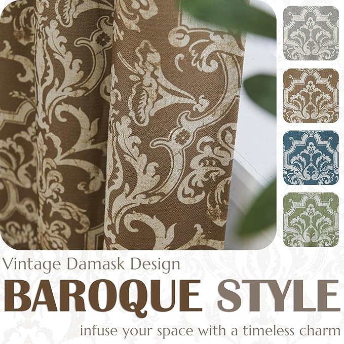 jinchan Room Darkening Curtains for Bedroom Brown Damask Patterned Curtains 63 Inch Length for Living Room Linen Textured Vintage Drapes Medallion Window Treatments Grommet Top 2 Panels Set