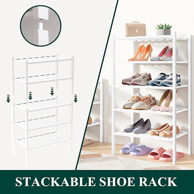 Smiry Bamboo Shoe Rack for Closet, 3 Tier Small Wooden Stackable Shoe Organizer, Free Standing Shoes Storage Shelf for Entryway, Front Door Entrance, White