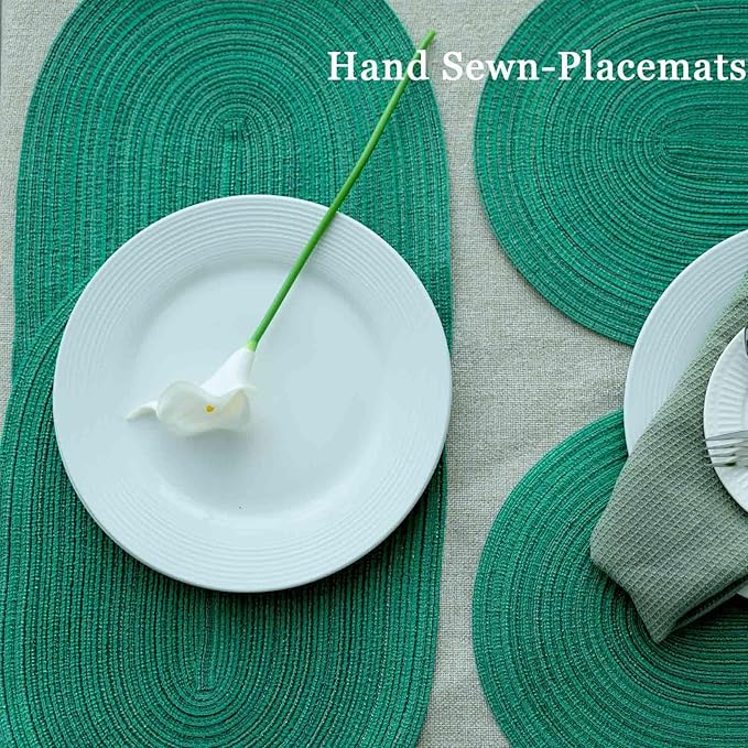 Noctiflorous Oval Braided Placemats Set of 6 Woven 12x18 Inch Non Slip Washable Heat Resistant Place Mats Round Tablemats for Dining Kitchen Party Daily Table Decor Dinner Mats (04 Green Shine, 6)