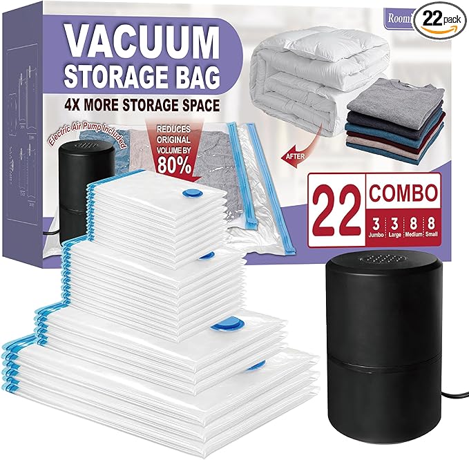 Vacuum Storage Bags with Electric Pump, 22 Combo (3Large/3Jumbo/8Medium/8Small) Space Saver Bags Vacuum Seal Bags with Pump, Space Bags, Comforters, Blankets, Beddings
