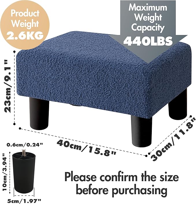BRIAN & DANY Small Foot Stool Ottoman, Footstool with Legs, Teddy Velvet Foot Rest for Living Room, Bedroom and Office, Blue