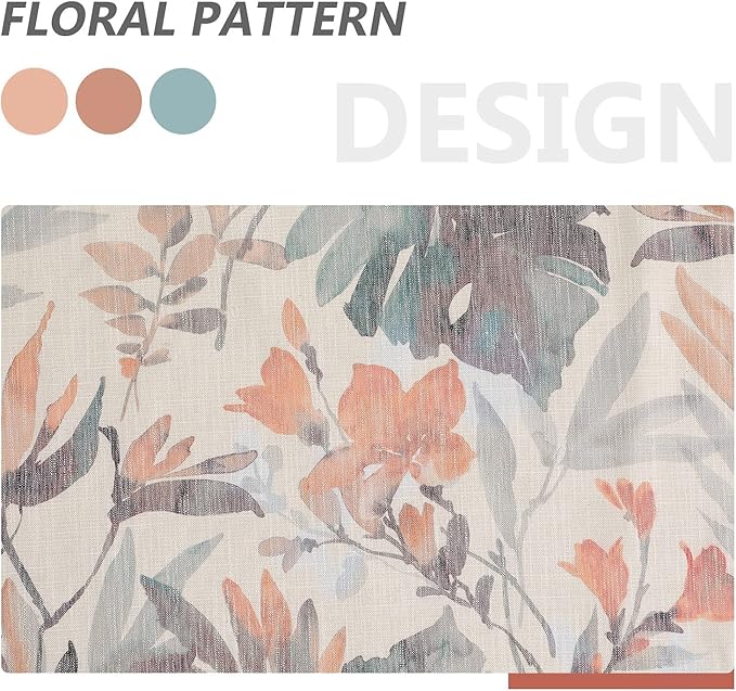 MYSKY HOME Coral Curtains 95 Inches Printed Cotton Grommet Linen Curtains for Living Room Light Filtering Curtain Burlap Effect Drape Window Treatments, 2 Panel Coral and Natural
