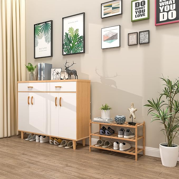 Shoe Rack, 3-Tier Bamboo Stackable Shelf Storage Organizer, Stand for Closet, Entryway, Hallway, Bathroom and Living Room(Natural)