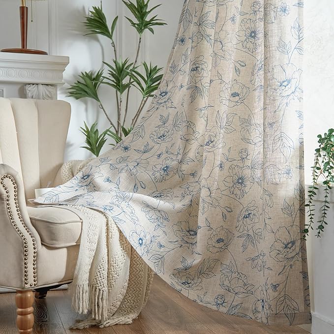 jinchan Floral Linen Curtains for Living Room 96 Inch Length Blue Flower Curtain Rod Pocket Back Tab Farmhouse Curtains with Printed Floral Bedroom Window Curtain Set, 2 Panels Blue