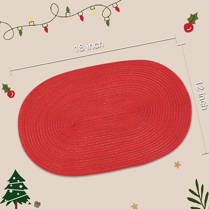 Noctiflorous Oval Braided Placemats Set of 6 Woven 12x18 Inch Non Slip Washable Heat Resistant Place Mats Round Tablemats for Dining Kitchen Party Daily Table Decor Dinner Mats (05 Red Shine, 6)