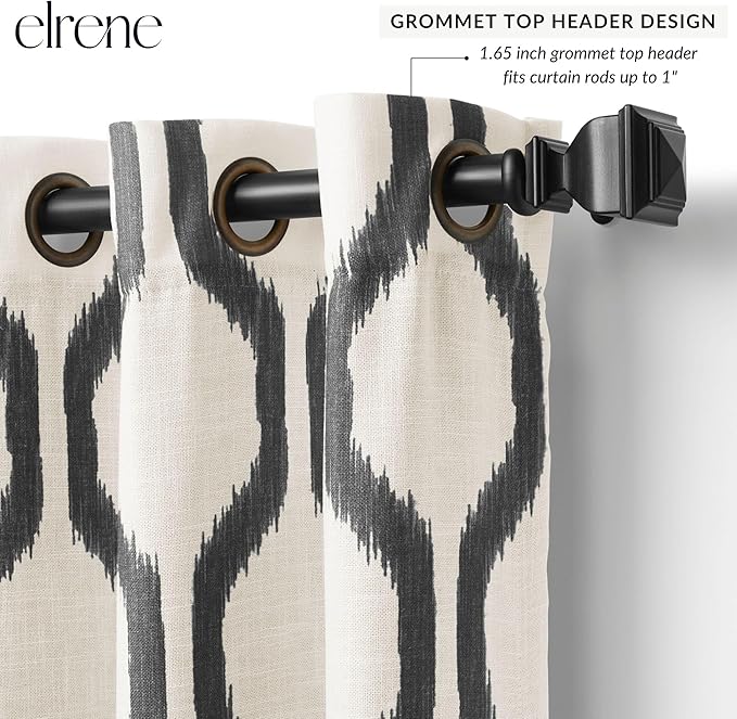 Elrene Home Fashions Renzo Ikat Geometric Room-Darkening Window Curtain, Living Room and Bedroom Drape with Grommets, 52"x84", 1 Panel, Black