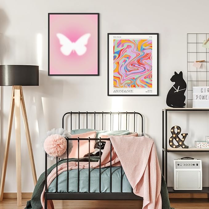 Habseligkeit Pink Wall Art Prints, Abstract Gradient Wall Posters, Buttefly Wall Art, Pink Room Decor for Aesthetic Bedroom 8x10inch, Unframed